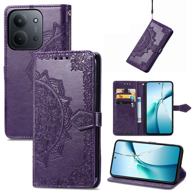 Mandala flower embossed leather phone case in purple with folio flap and strap