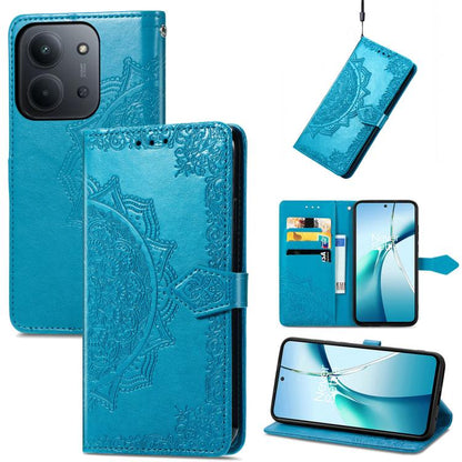 Mandala flower embossed leather phone case in bright blue with folio flap and strap