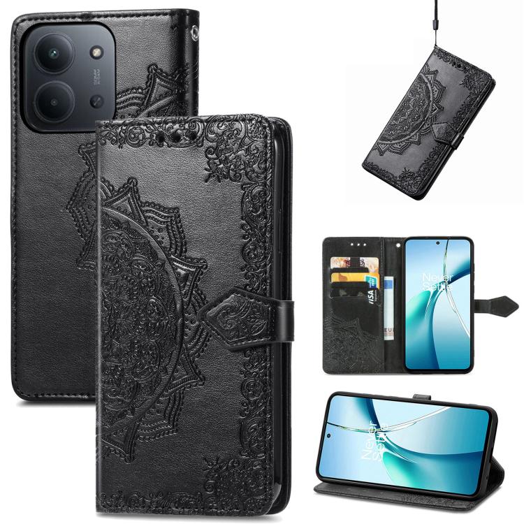 Mandala flower embossed leather phone case in black with folio flap and strap