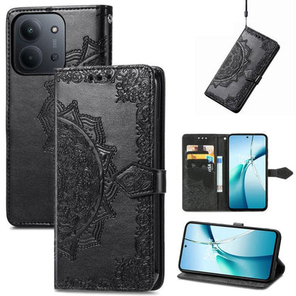 Mandala flower embossed leather phone case in black with folio flap and strap