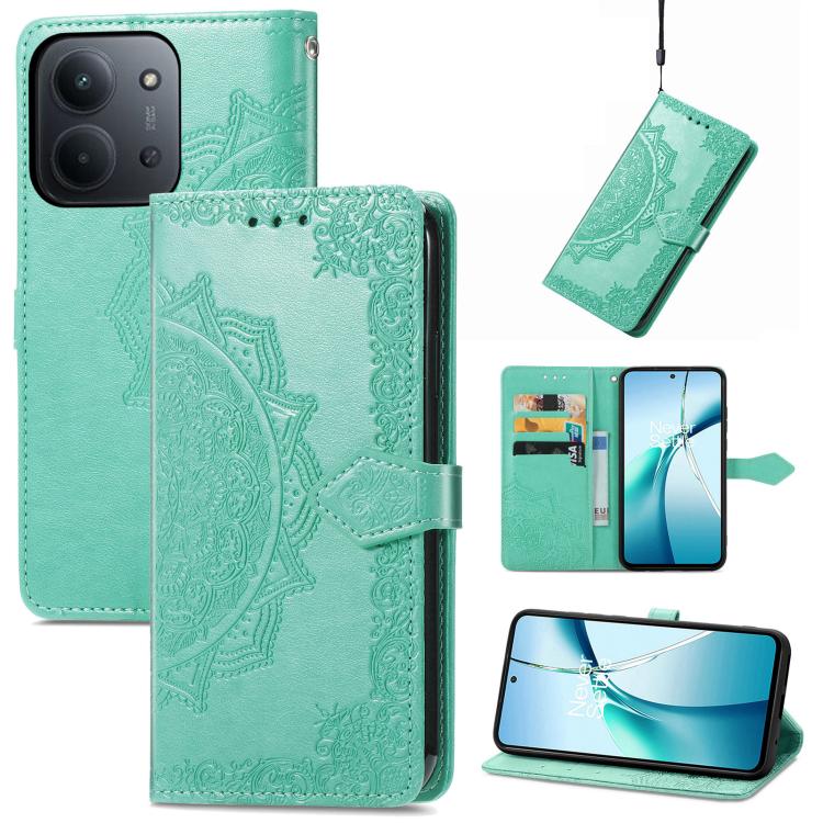 Mandala flower embossed leather phone case in light green with folio flap and strap