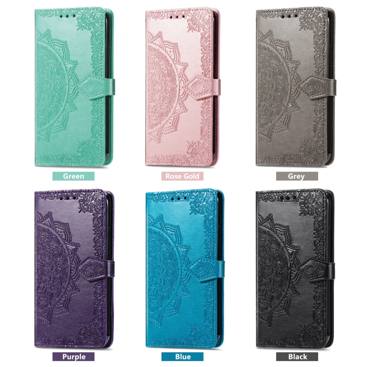 Mandala flower embossed leather phone case color variants: green, rose gold, gray, purple, blue, black