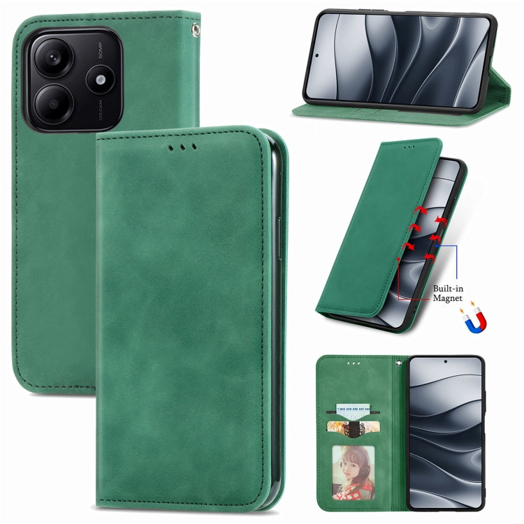 Green magnetic flip leather phone case with built-in magnet closure, card slot on front