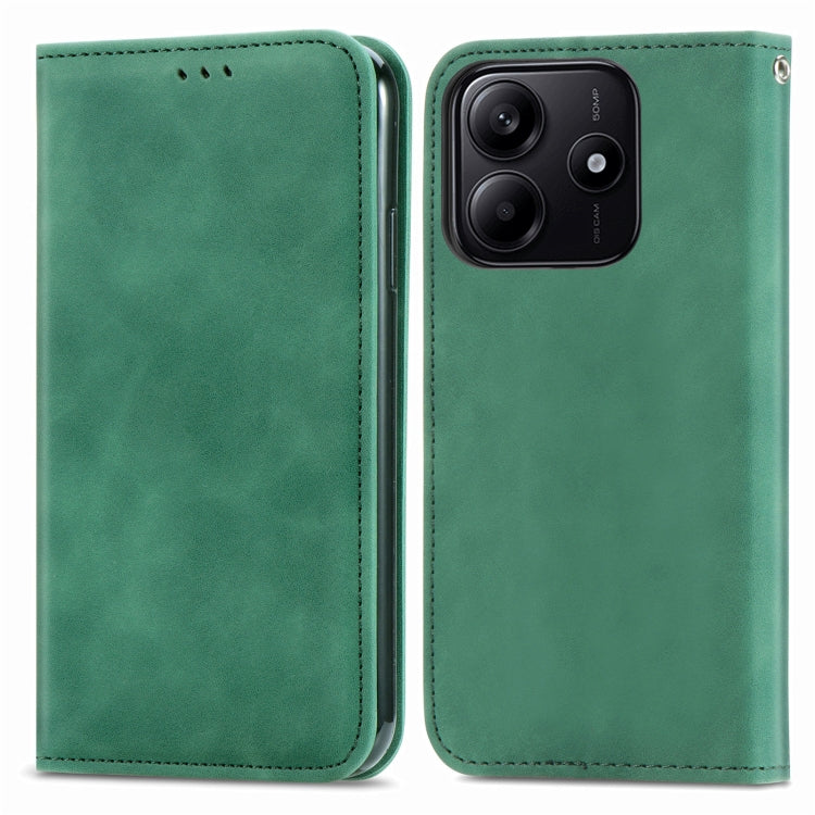 Green magnetic flip phone case with stitched edges and camera cutout view, front and back
