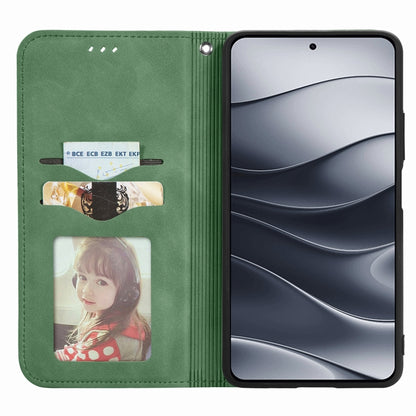 Green magnetic flip phone case with front card pocket and cutouts for speaker and camera