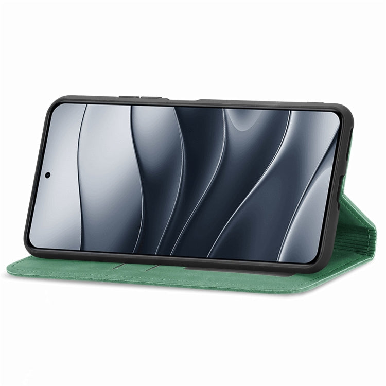 Green magnetic flip phone case in stand mode with screen cover folded back for viewing