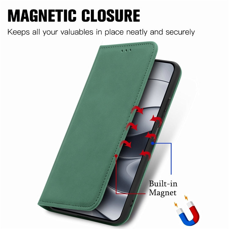 Green magnetic flip leather phone case showing built-in magnet closure mechanism