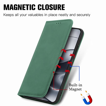 Green magnetic flip leather phone case showing built-in magnet closure mechanism