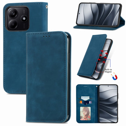 Blue magnetic flip phone case with stitched edges, front card pocket, and camera cutout
