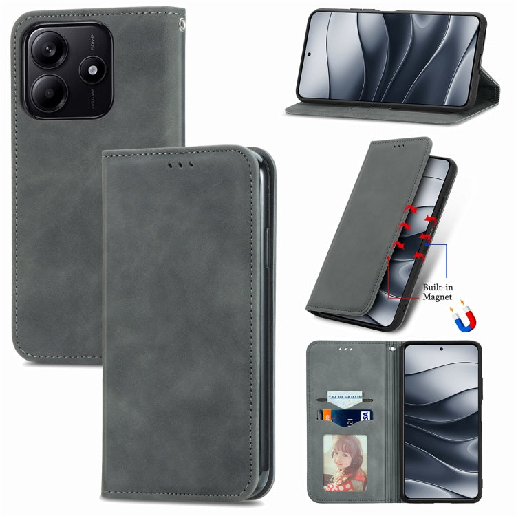 Gray magnetic flip phone case with card pocket, stitched edges, and camera cutout