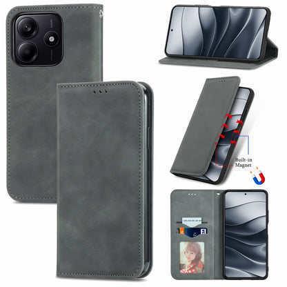 Gray magnetic flip phone case with card pocket, stitched edges, and camera cutout