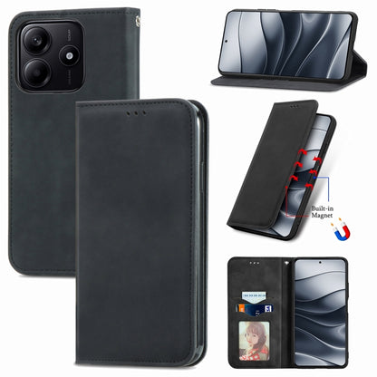 Dark gray magnetic flip phone case with front cover folded back and camera cutout on back