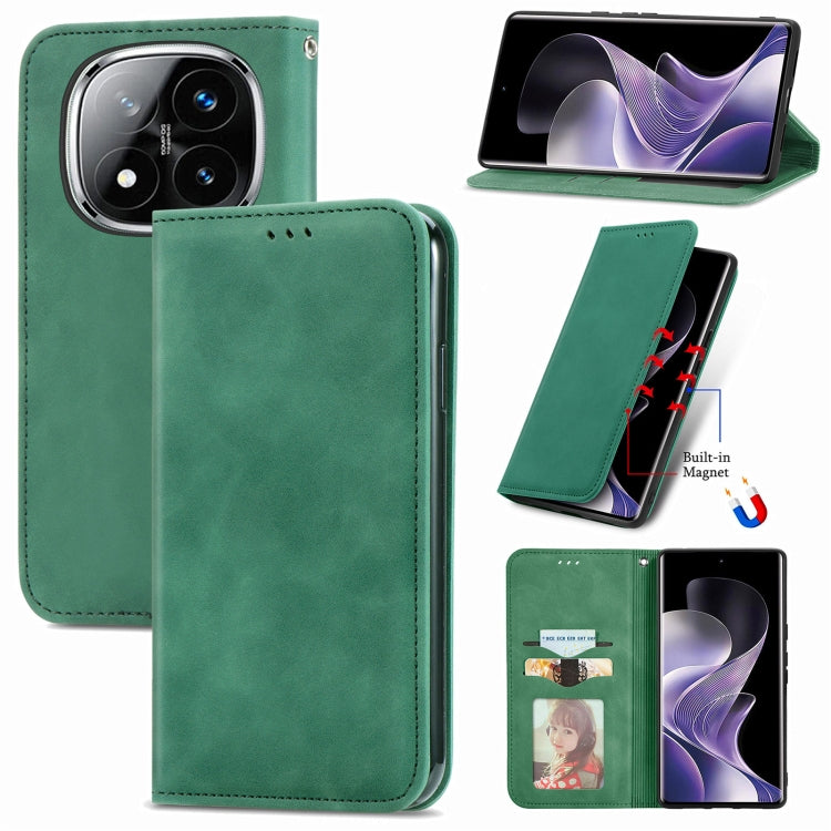 Green leather flip phone case with magnetic closure, detailed stitching and foldable stand