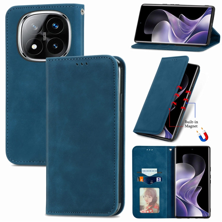Blue leather flip phone case with magnetic closure, visible speaker cutouts and foldable stand