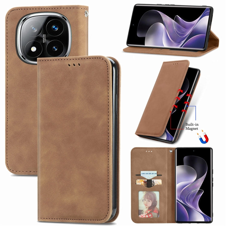 Brown leather flip phone case with magnetic closure, stitched border and foldable stand