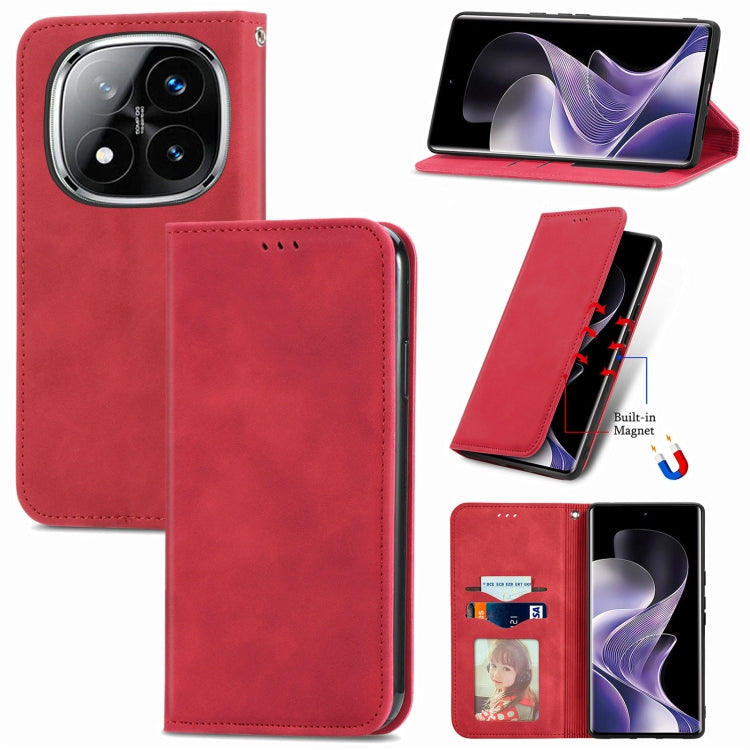 Red leather flip phone case with magnetic closure, stitched edges and foldable stand