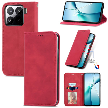Magnetic flip leather-style phone case, red with card slot and camera cutout.