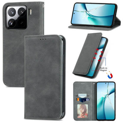 Magnetic flip leather-style phone case, gray with card slot and camera cutout.