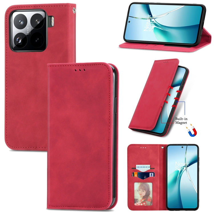 Red magnetic flip leather phone case with card slot and kickstand view
