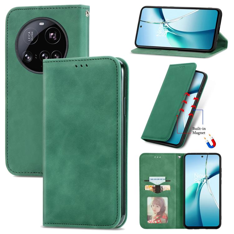 Green magnetic flip leather phone case with built-in stand and card pocket