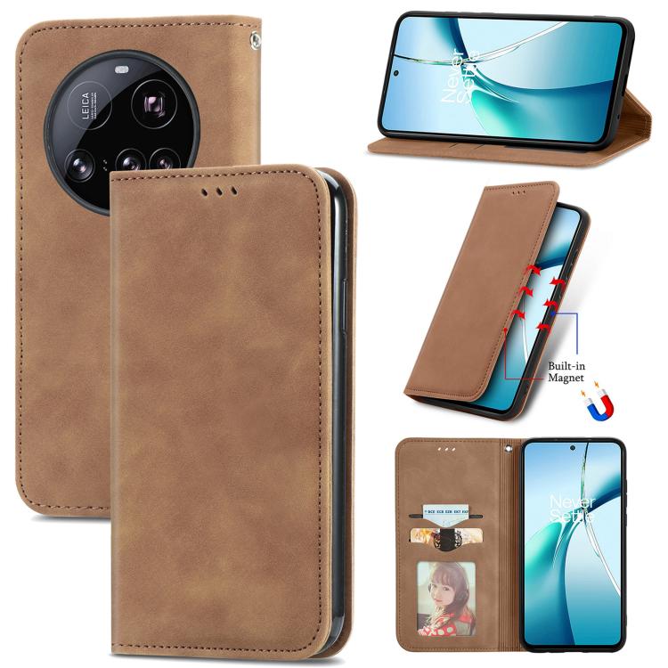 Brown magnetic flip leather phone case with built-in stand and card pocket