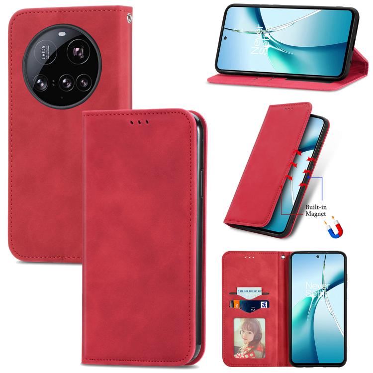 Red magnetic flip leather phone case with built-in stand and card pocket