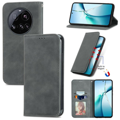 Gray magnetic flip leather phone case with built-in stand and card pocket
