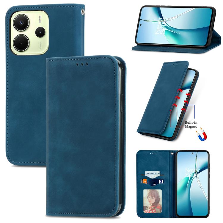 Blue magnetic flip leather phone case showing fold-out stand and card slot on the cover