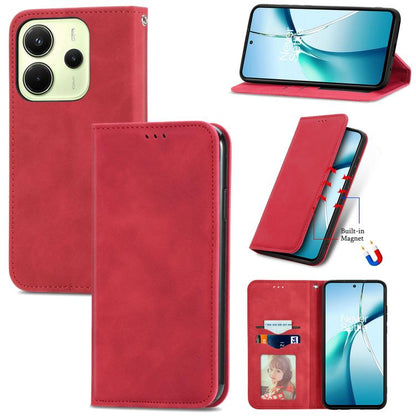 Red magnetic flip leather phone case showing fold-out stand and card slot on the cover