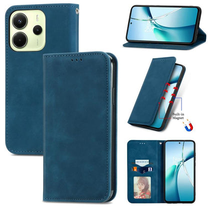 Blue magnetic flip leather phone case with built-in stand and card pocket