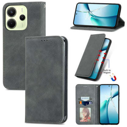 Gray magnetic flip leather phone case with card slot and kickstand view