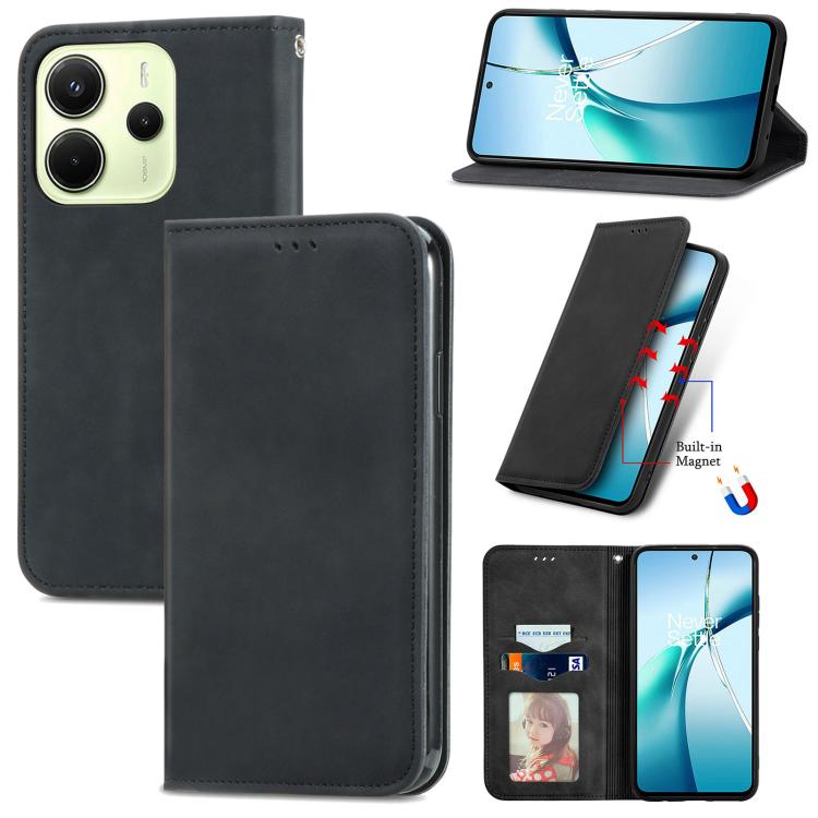 Black magnetic flip leather phone case with card slot and kickstand view