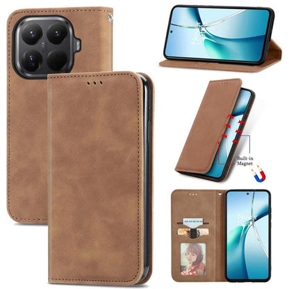 Brown magnetic flip leather phone case with card slot and camera cutout