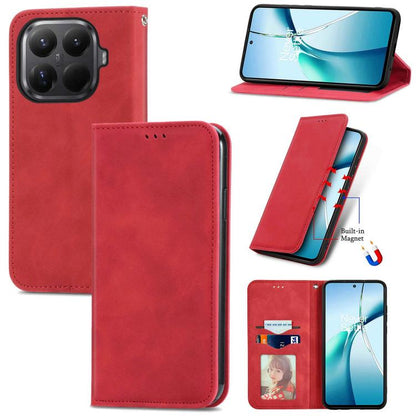 Red magnetic flip leather phone case with card slot and camera cutout