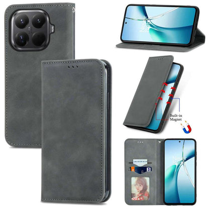 Gray magnetic flip leather phone case with card slot and camera cutout