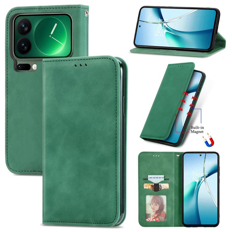 Green magnetic flip leather-style phone case with card slot and stand, full cover.