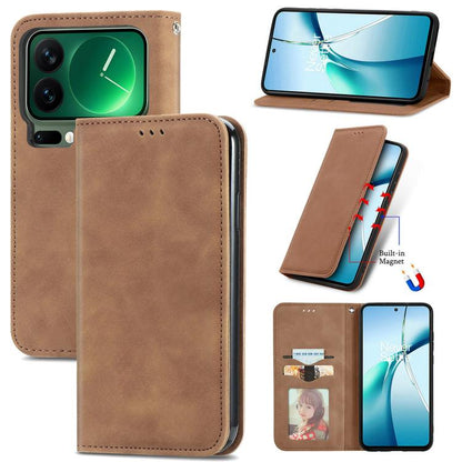 Brown flip wallet phone case with magnetic closure and kickstand viewing angle.