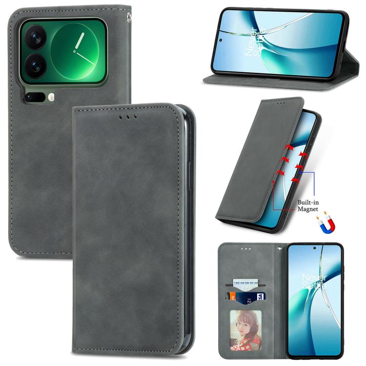 Gray flip wallet phone case with magnetic closure and kickstand viewing angle.