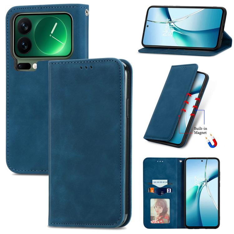 Blue magnetic flip leather-style phone case with card slot and stand, full cover.