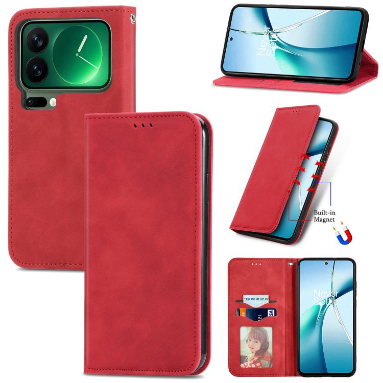 Red magnetic flip leather-style phone case with card slot and stand, full cover.