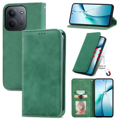 Magnetic flip phone case with smooth faux-leather finish, green, for phone view and stand