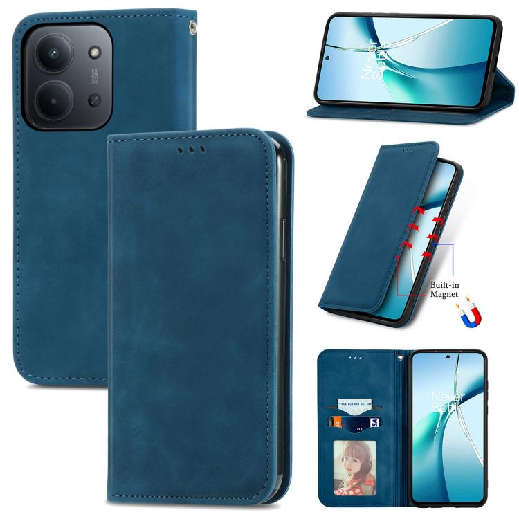 Magnetic flip phone case with faux-leather finish, blue, for phone view and stand