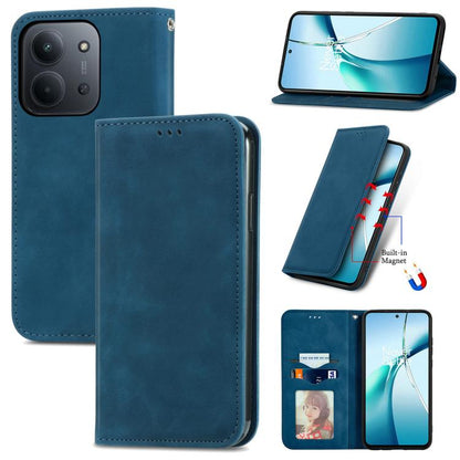 Magnetic flip phone case with faux-leather finish, blue, for phone view and stand