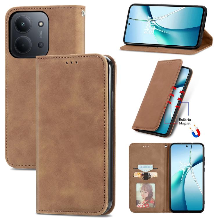 Magnetic flip phone case with faux-leather finish, brown, for phone view and stand
