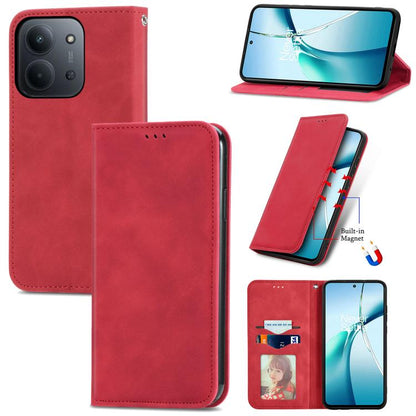 Magnetic flip phone case with faux-leather finish, red, for phone view and stand
