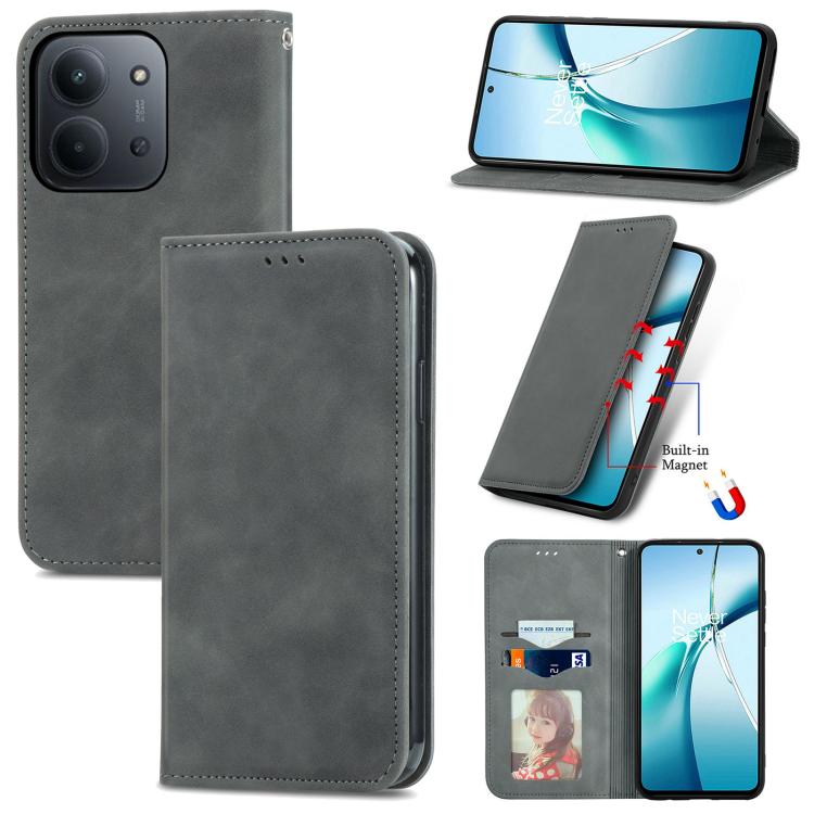 Magnetic flip phone case with faux-leather finish, dark gray, for phone view and stand