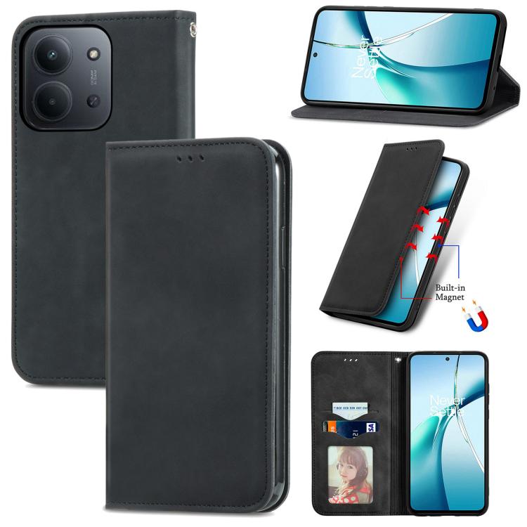 Magnetic flip phone case with faux-leather finish, black, for phone view and stand