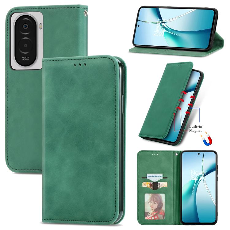 Green magnetic flip phone case with faux leather texture and built-in stand for viewing