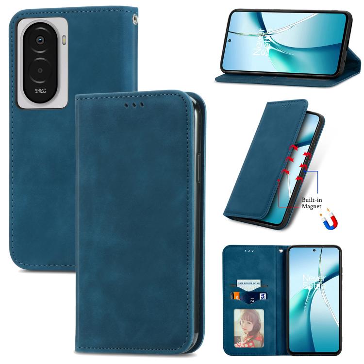 Blue magnetic flip phone case with faux leather texture and built-in stand for viewing