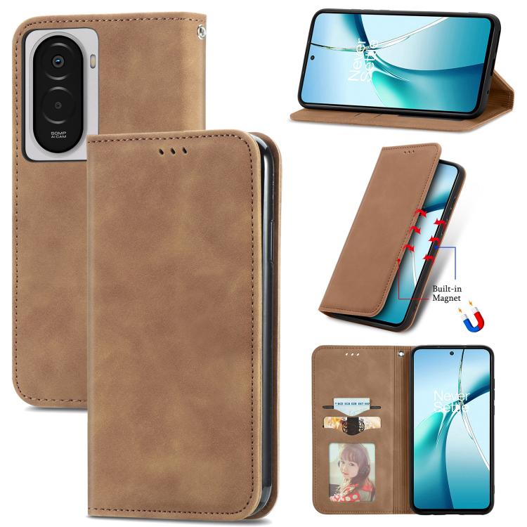 Brown magnetic flip phone case with faux leather texture and built-in stand for viewing